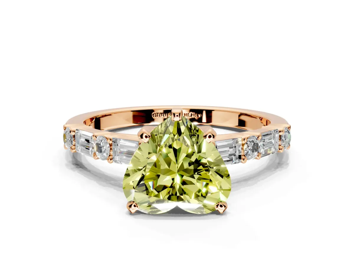 Baguette Engagement Ring Setting for Fancy Yellow Heart-Shaped Center with Alternating Bar-Set Band and Prong Head in Rose Gold