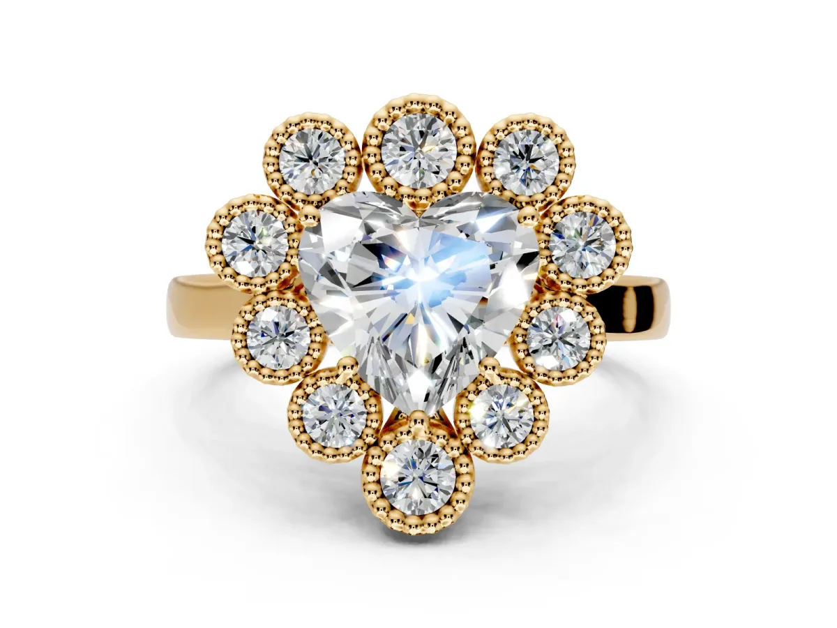 Cluster Halo Engagement Ring Setting for Heart-Shaped Center with Milgrain Bezel Accents and Prong Head in Yellow Gold