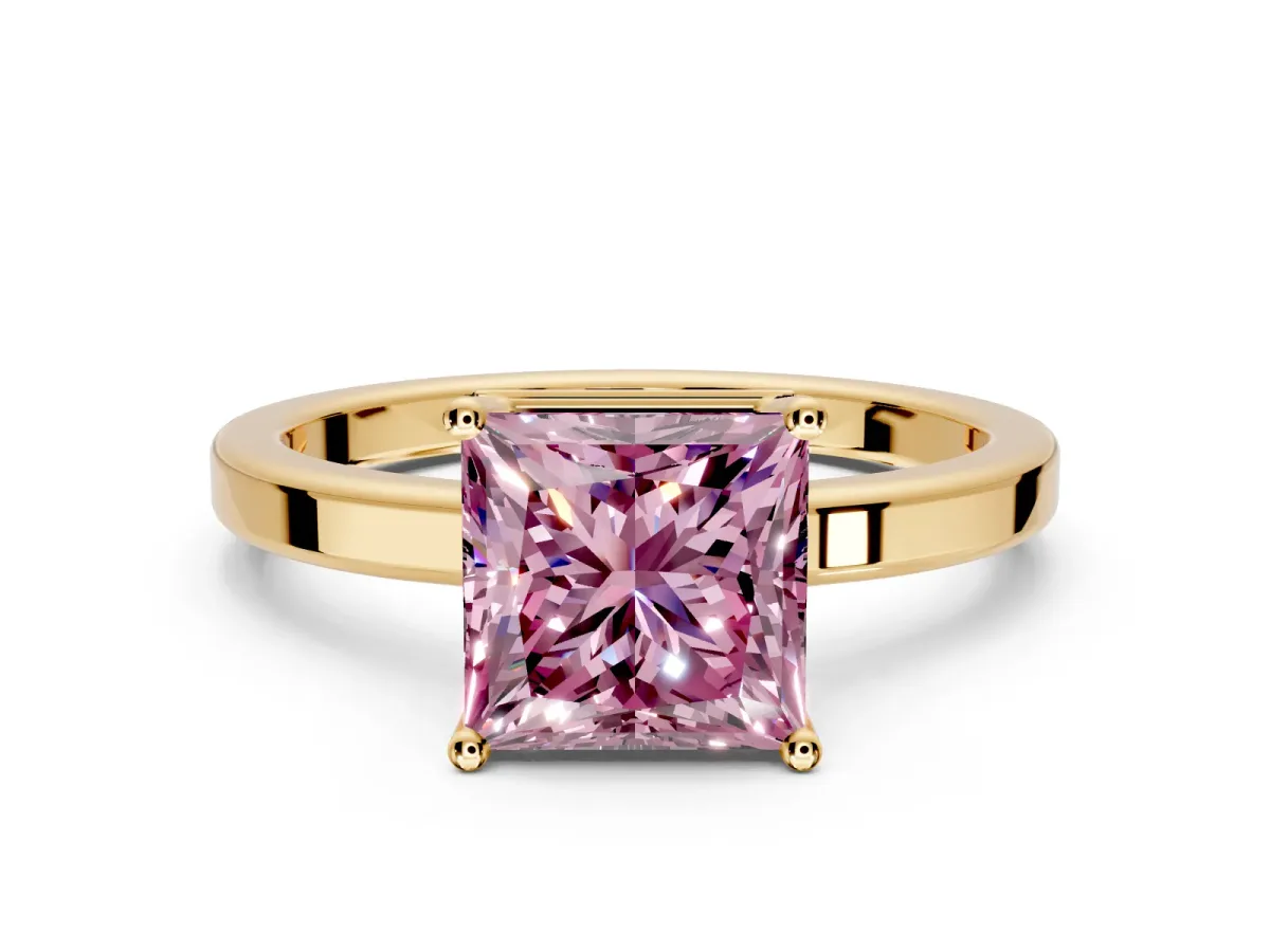 Hidden Halo Engagement Ring Setting for Fancy Pink Princess Cut Center with Wide Flat Plain Band and Prong Head in Yellow Gold