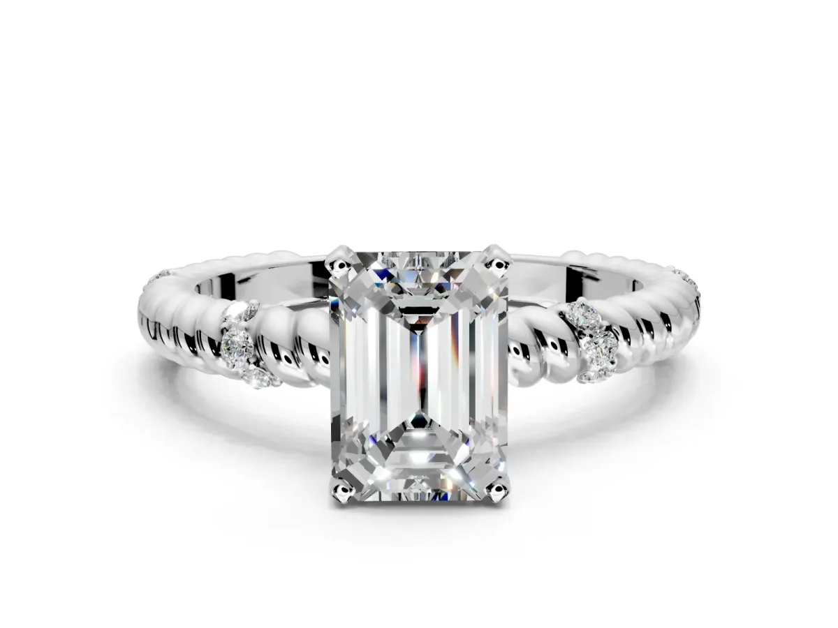 Rope Engagement Ring Setting for Emerald Cut Center with Accent Shoulders and Prong Head in Sterling Silver