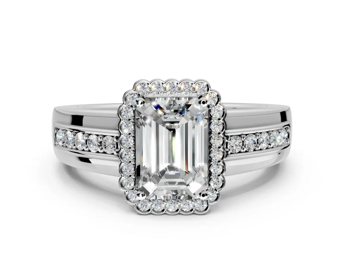 Halo Engagement Ring Setting for Emerald Cut Center with Wide Band, Inlaid Accent Row and Prong Head in Sterling Silver