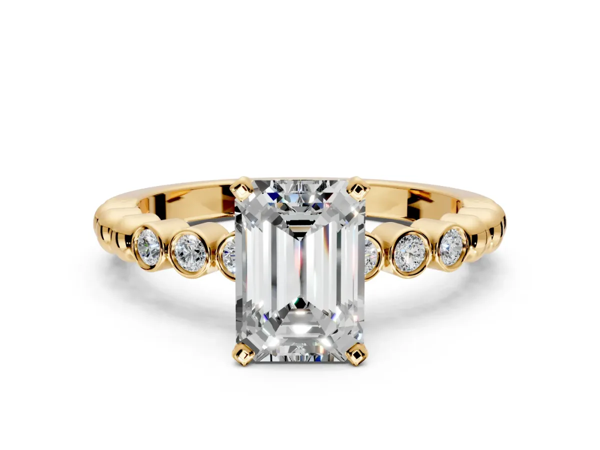Solitaire Engagement Ring Setting for Emerald Cut Center with Bezel-Dot Beaded Band and Prong Head in Yellow Gold