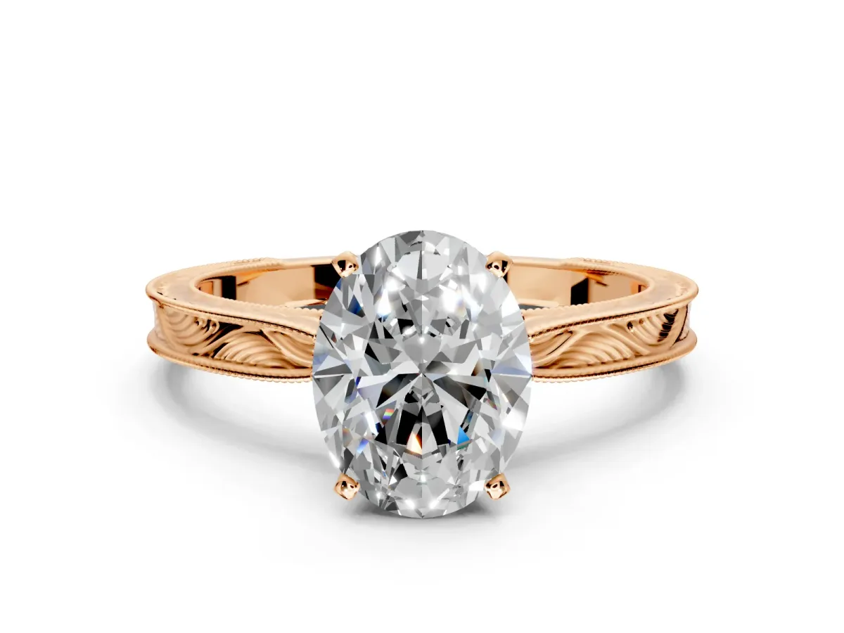 Solitaire Engagement Ring Setting for Oval Center with Engraved Milgrain Band and Prong Head in Rose Gold
