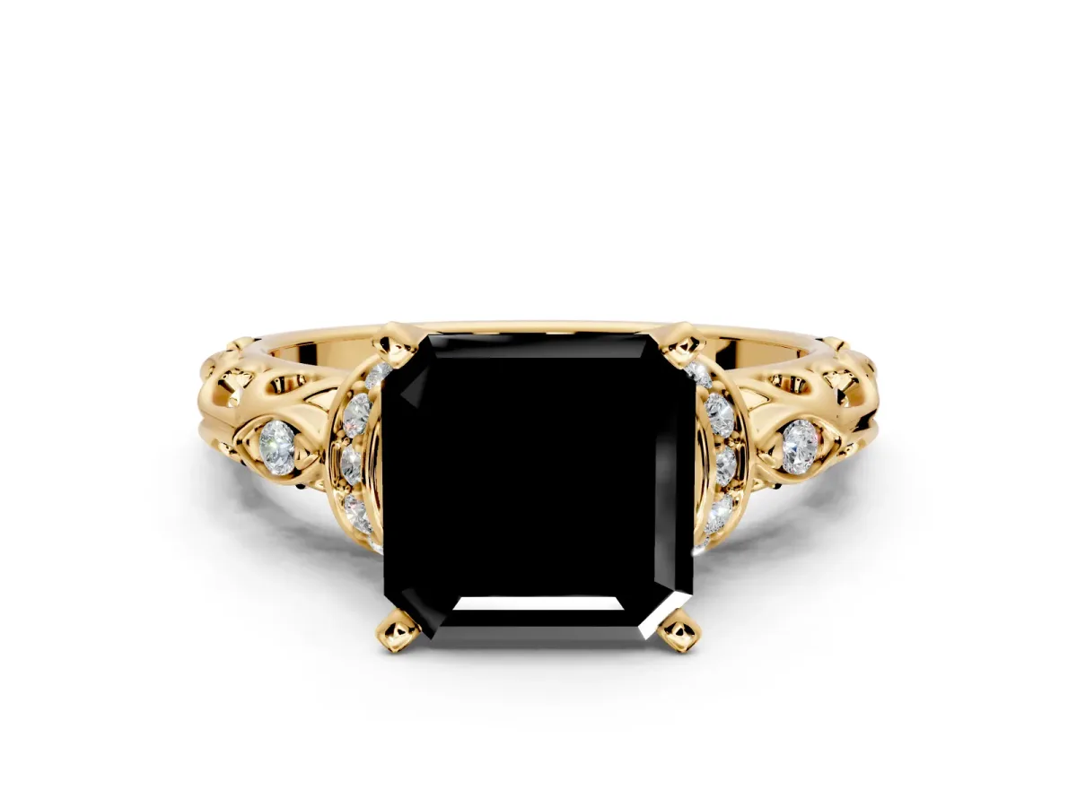 Solitaire Engagement Ring Setting for Fancy Black Asscher Cut Center with Filigree Band and Prong Head in Yellow Gold