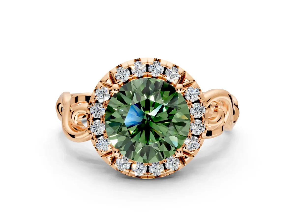 Halo Engagement Ring Setting for Fancy Green Round Cut Center with Open Scroll Shoulders and Prong Head in Rose Gold