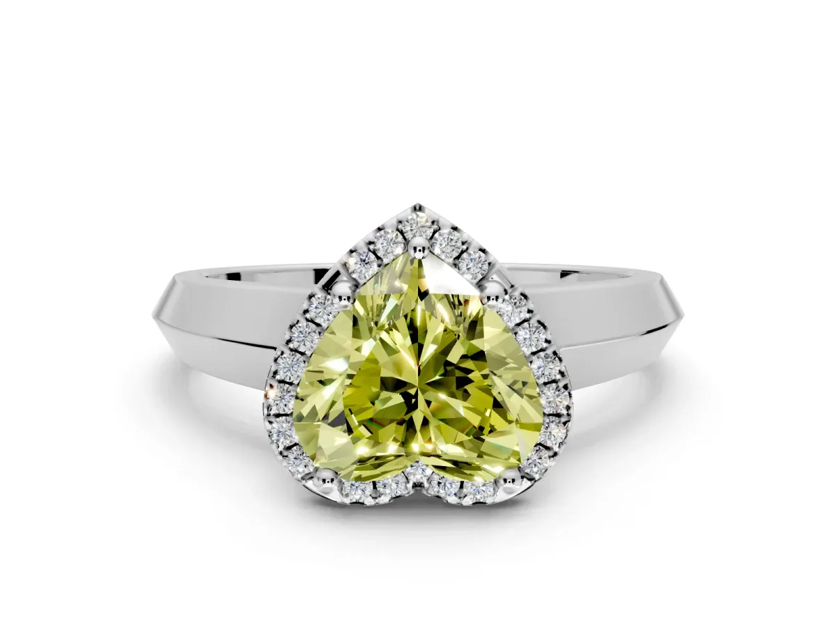 Halo Engagement Ring Setting for Fancy Yellow Heart-Shaped Center with Knife Ridge Cathedral Band and Prong Head in White Gold