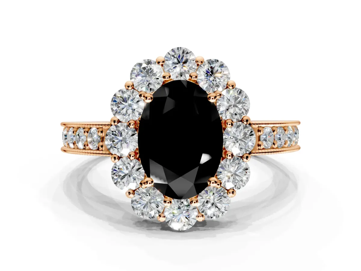 Halo Engagement Ring Setting for Fancy Black Oval Center with Milgrain Channel Band and Prong Head in Rose Gold