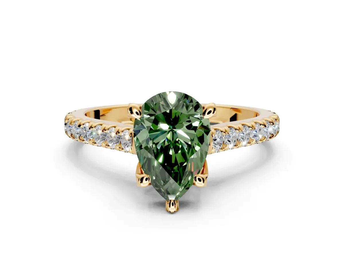Solitaire Engagement Ring Setting for Fancy Green Pear-Shaped Center with Widening Pave Band and Claw Prong Head in Yellow Gold