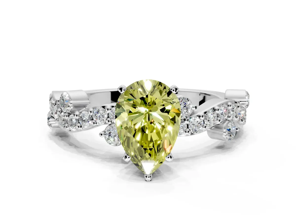 Solitaire Engagement Ring Setting for Fancy Yellow Pear-Shaped Center with Bar-Station Pave Twist and Prong Head in Platinum