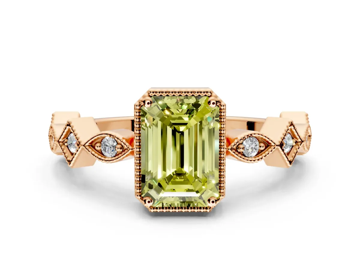 Milgrain Bezel Engagement Ring Setting for Fancy Yellow Emerald Cut Center with Marquise Stations and Bezel Head in Rose Gold
