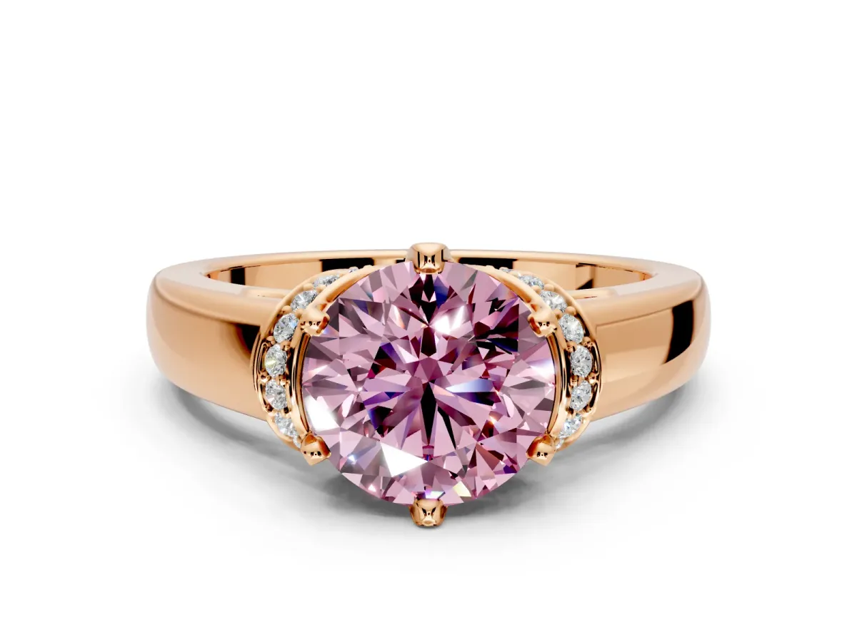 Solitaire Engagement Ring Setting for Fancy Pink Round Cut Center with Wide Band, Pave Collar and Prong Head in Rose Gold