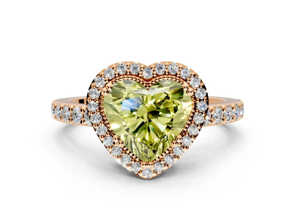 Halo Engagement Ring Setting for Fancy Yellow Heart-Shaped Center with Inner Milgrain Border and Prong Head in Rose Gold