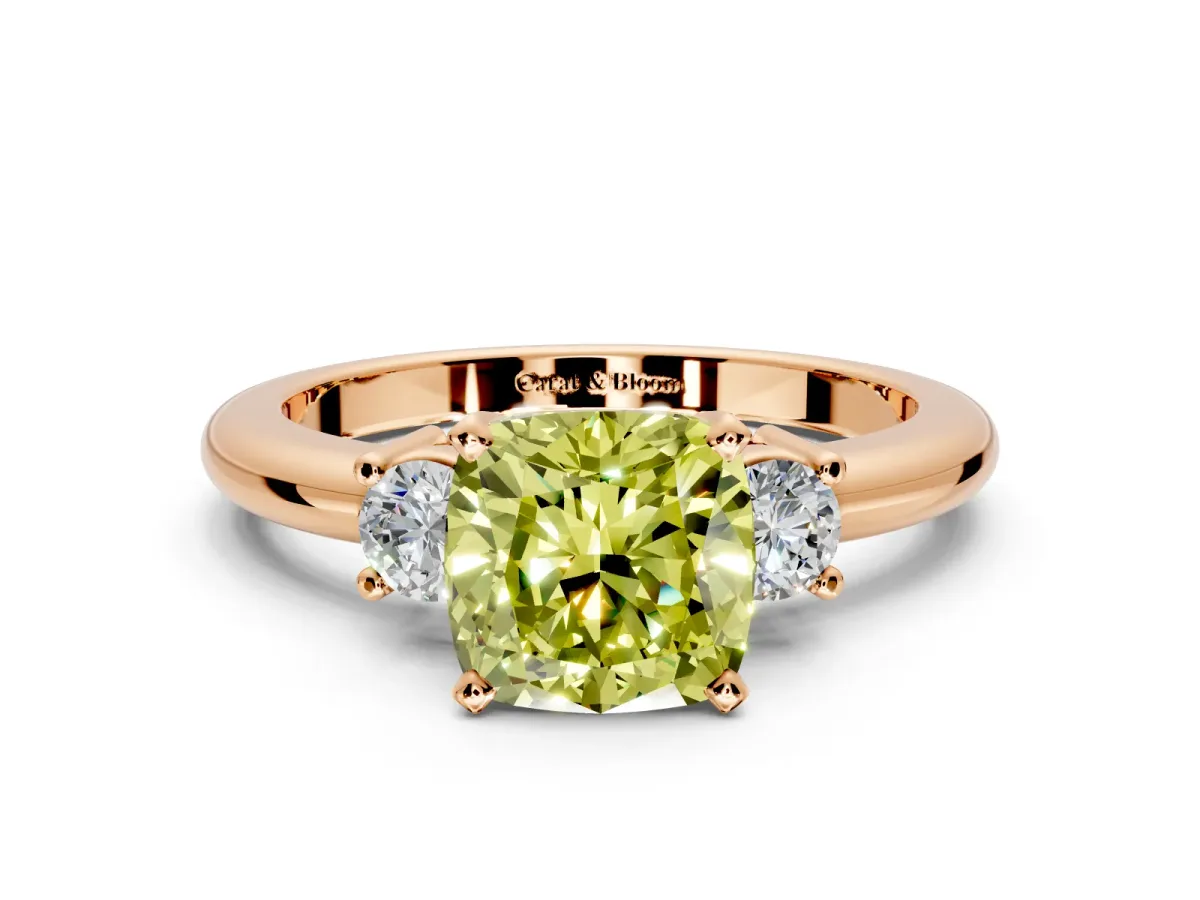 3 Stone Engagement Ring Setting for Fancy Yellow Cushion Cut Center with Wide Plain Band and Prong Head in Rose Gold
