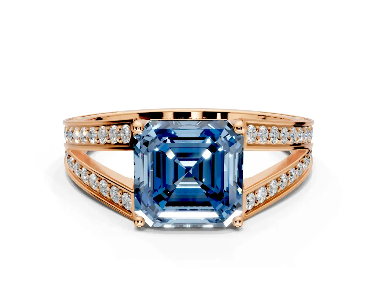 Split Shank Engagement Ring Setting for Fancy Blue Asscher Cut Center with Pave Split Shank and Prong Head in Rose Gold