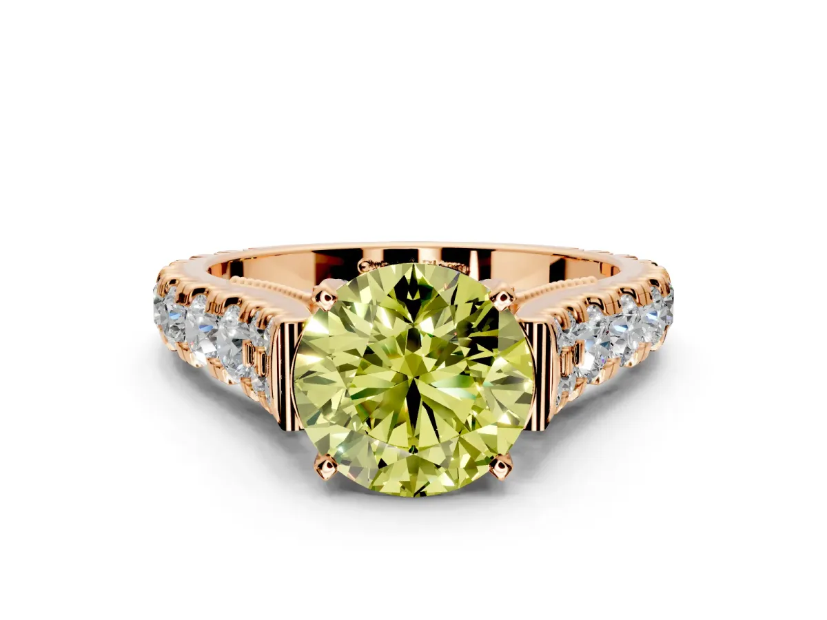 Solitaire Engagement Ring Setting for Fancy Yellow Round Cut Center with Pave Cathedral Shoulders and Prong Head in Rose Gold