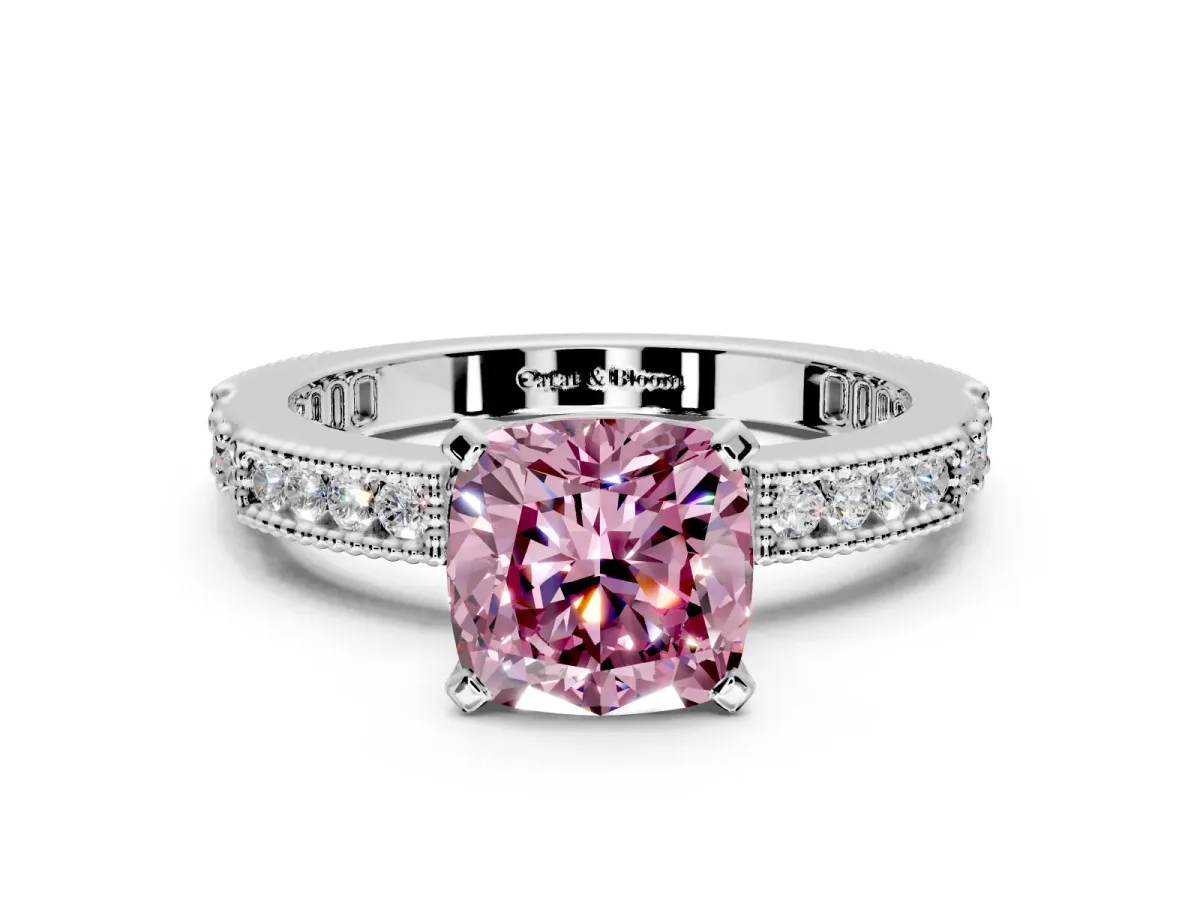 Solitaire Engagement Ring Setting for Fancy Pink Cushion Cut Center with Milgrain-Edged Pave Band and Prong Head in Platinum