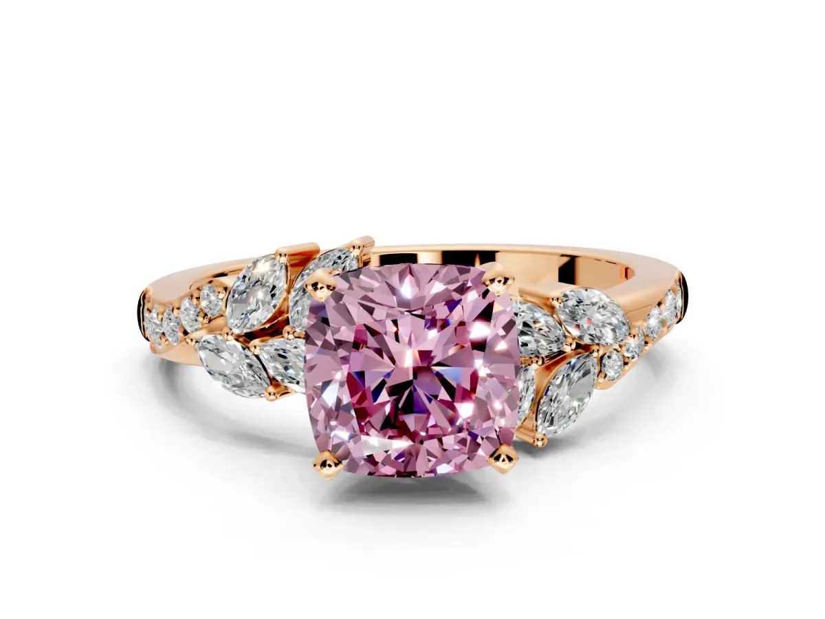 Solitaire Engagement Ring Setting for Fancy Pink Cushion Cut Center with Marquise Accent Twist Band and Prong Head in Rose Gold
