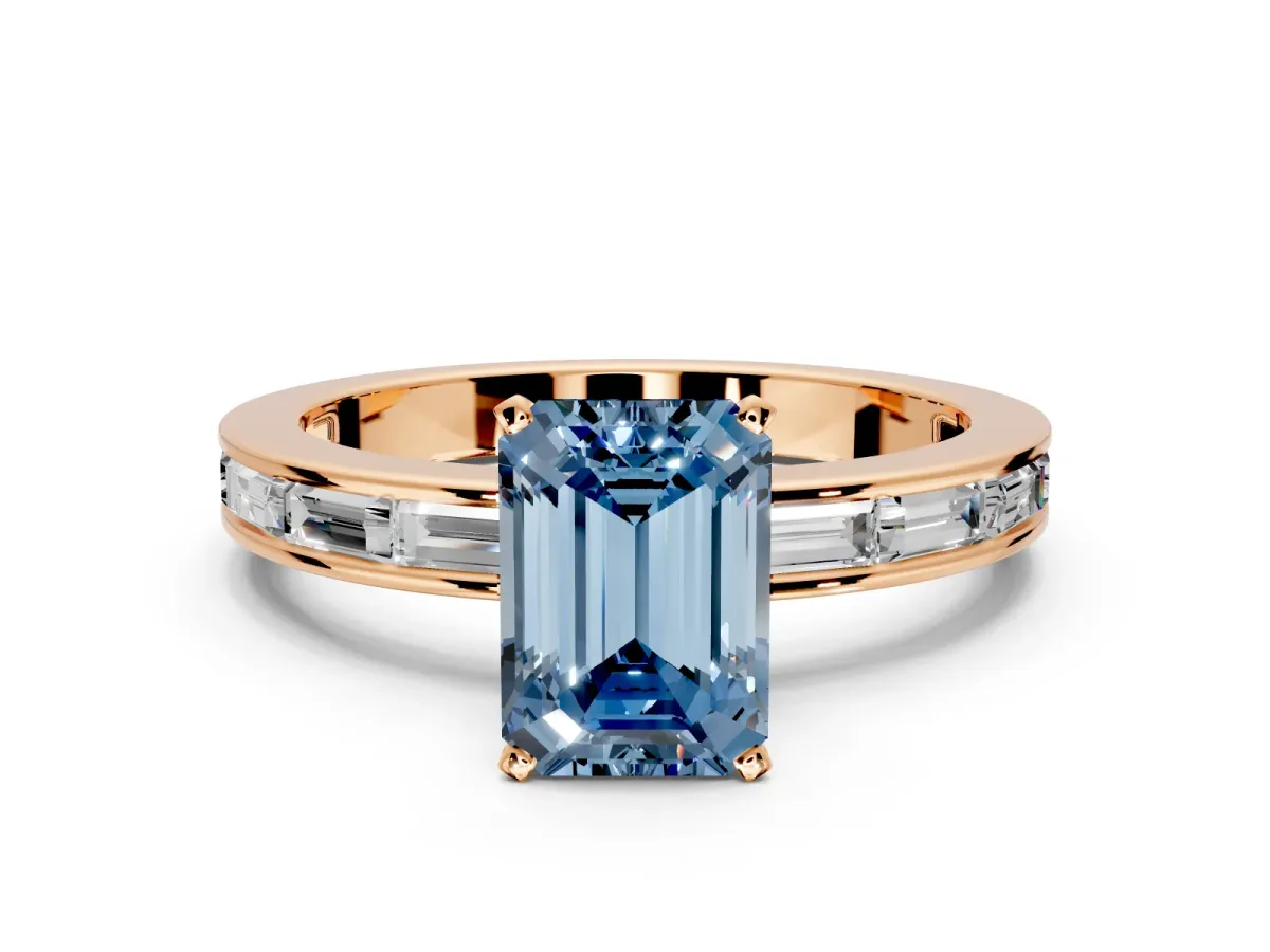 Solitaire Engagement Ring Setting for Fancy Blue Emerald Cut Center with Channel Baguette Band and Prong Head in Rose Gold