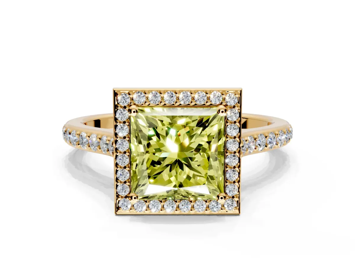 Halo Engagement Ring Setting for Fancy Yellow Princess Cut Center with Pave Accents, Heart Basket and Prong Head in Yellow Gold