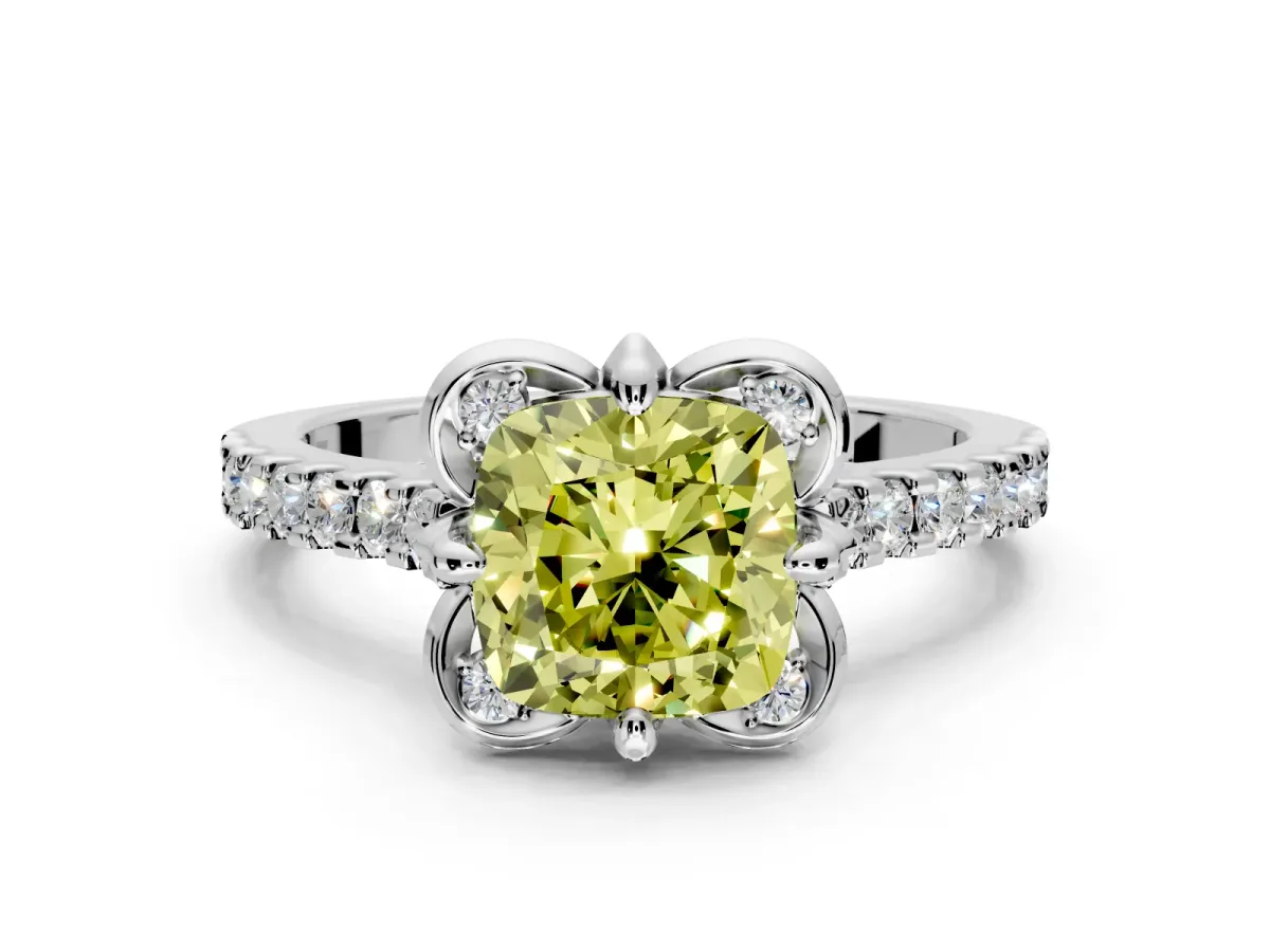 Floral Engagement Ring Setting for Fancy Yellow Cushion Cut Center with Pave Band and Floral Prong Head in Platinum
