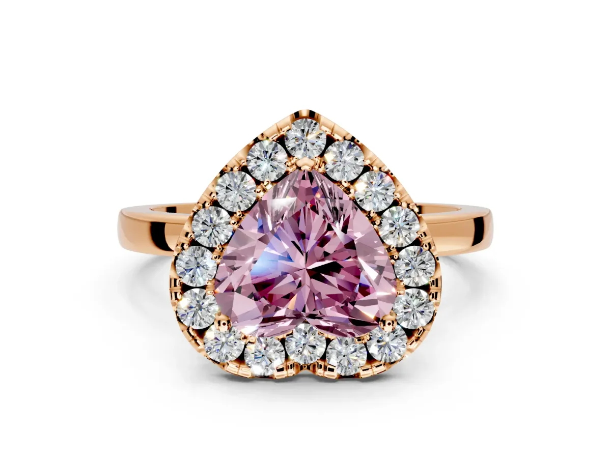Halo Engagement Ring Setting for Fancy Pink Heart-Shaped Center with Thin Plain Band and Prong Head in Rose Gold