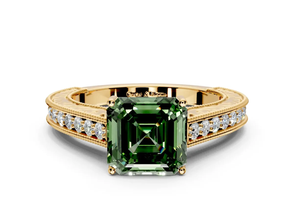 Solitaire Engagement Ring Setting for Fancy Green Asscher Cut Center with Engraved Pave Band and Prong Head in Yellow Gold