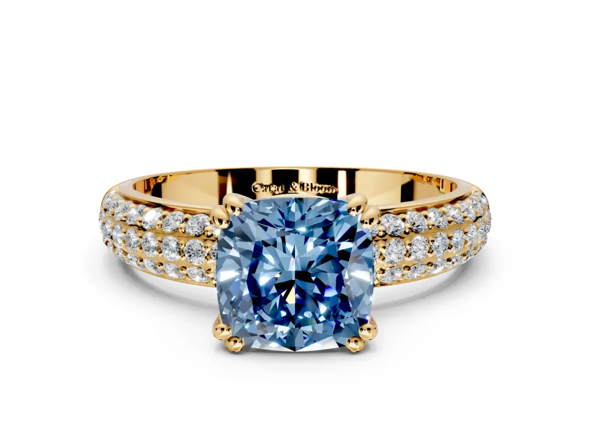 Solitaire Engagement Ring Setting for Fancy Blue Cushion Cut Center with Multi-Row Pave Accents and Basket Head in Yellow Gold