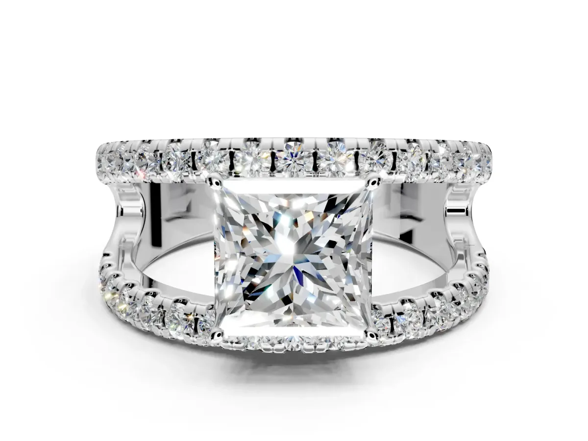Solitaire Engagement Ring Setting for Princess Cut Center with Wide-Open Split Shank and Prong Head in Sterling Silver