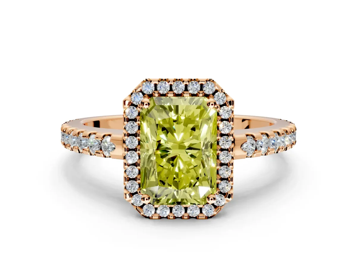 Accent Halo Engagement Ring Setting for Fancy Yellow Radiant Cut Center with Full-Length Pave Band and Prong Head in Rose Gold
