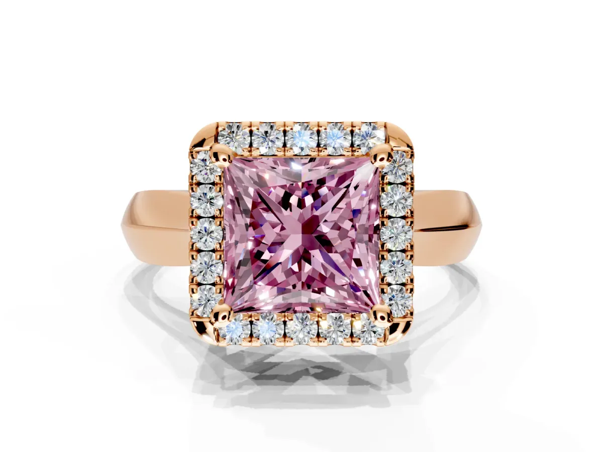 Halo Engagement Ring Setting for Fancy Pink Princess Cut Center with Square Band and Prong Head in Rose Gold