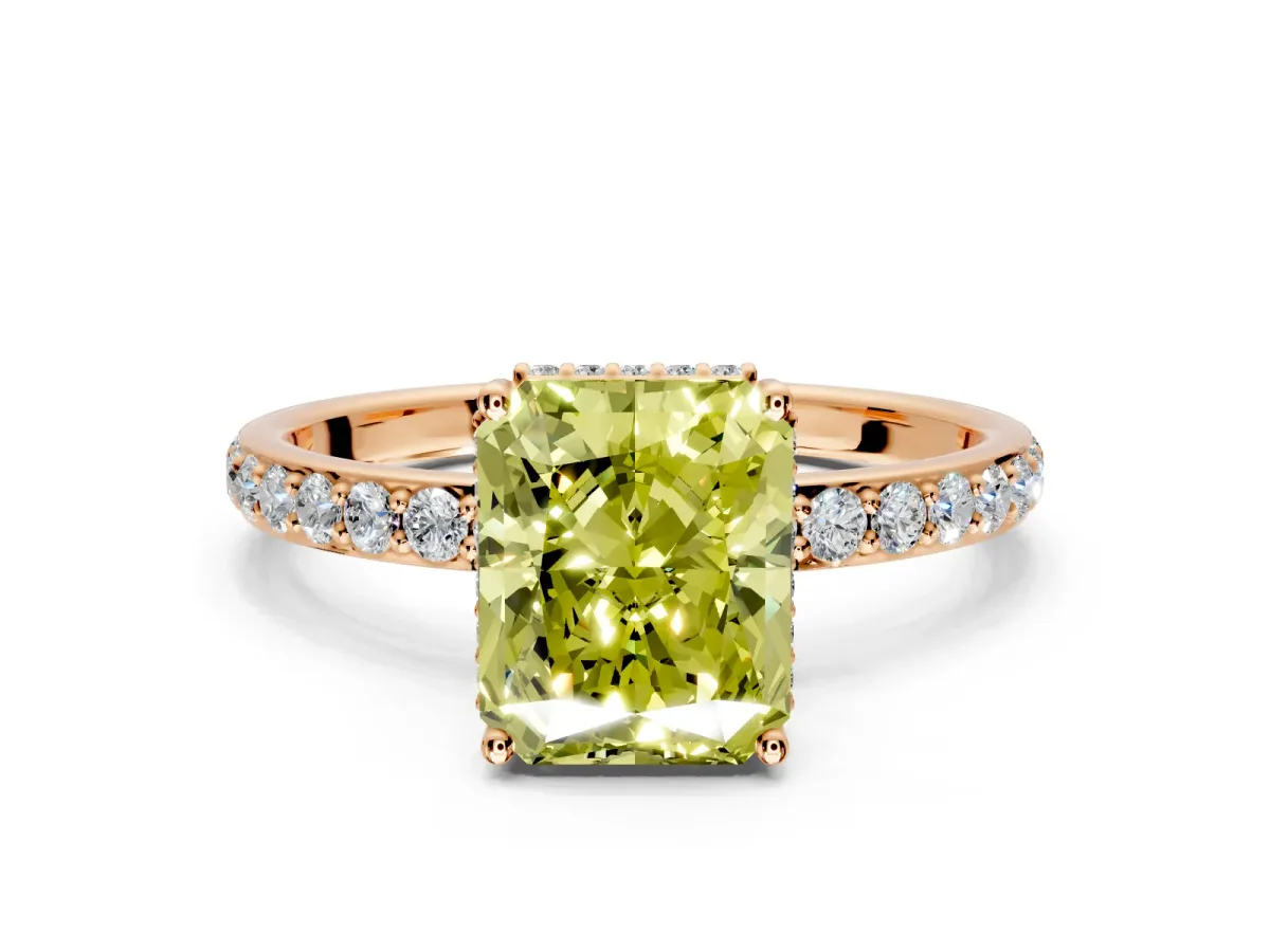 Hidden Halo Engagement Ring Setting for Fancy Yellow Radiant Cut Center with Pave Band and Prong Head in Rose Gold