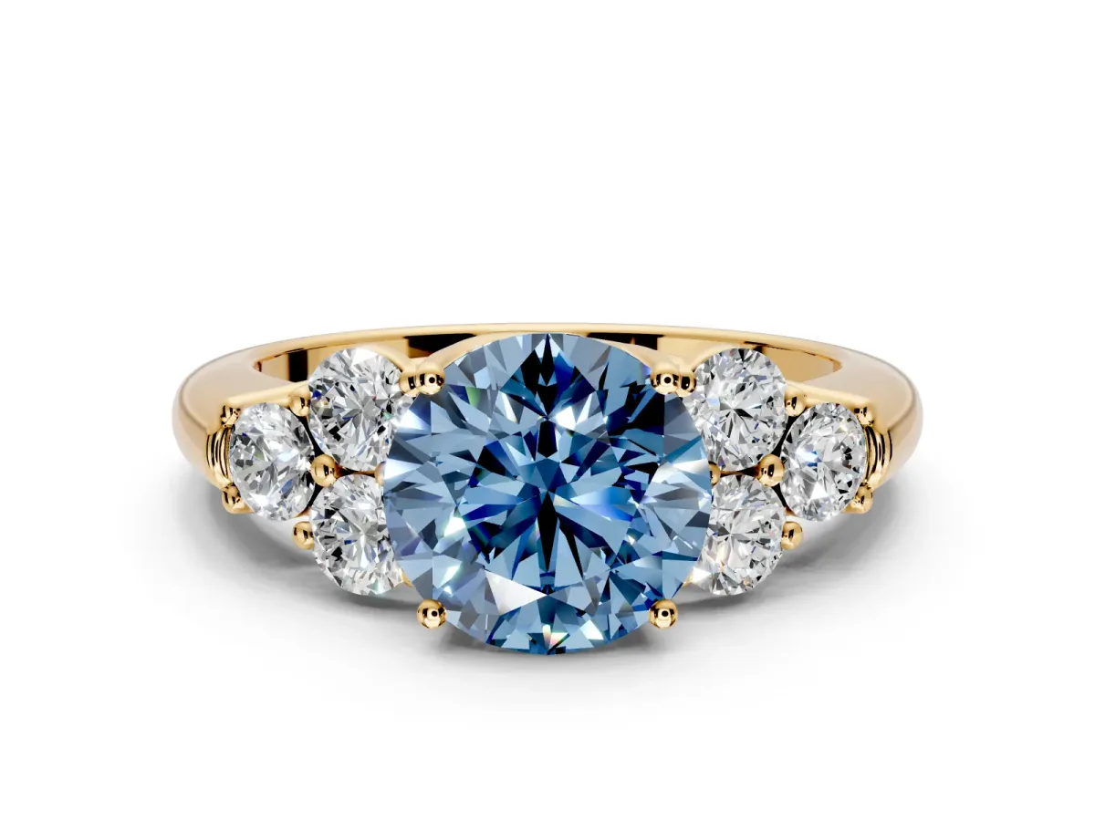 Cluster Engagement Ring Setting for Fancy Blue Round Cut Center with Round Cut Accent Frame and Prong Head in Yellow Gold