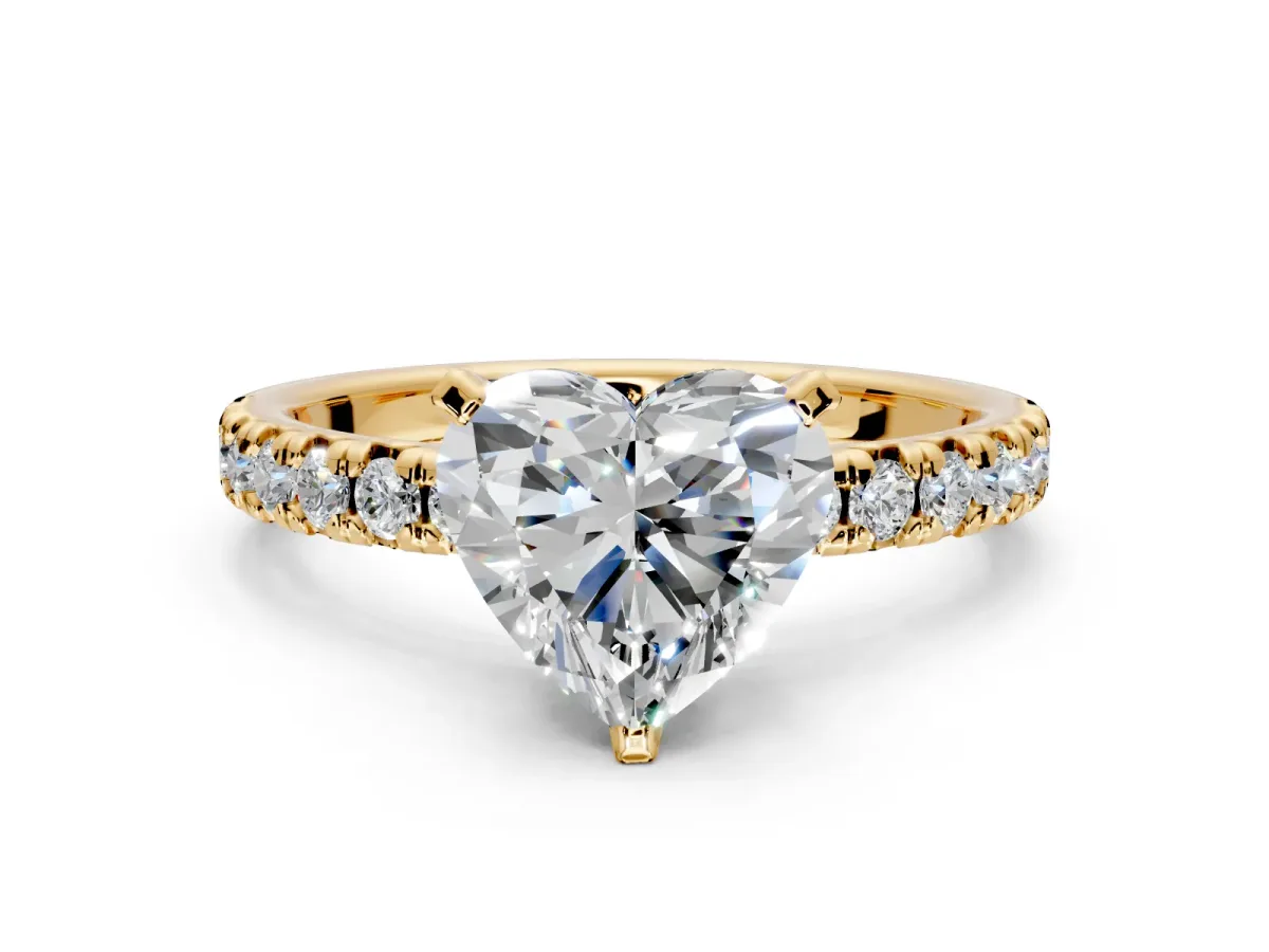 Solitaire Engagement Ring Setting for Heart-Shaped Center with Large Accents and Prong Head in Yellow Gold