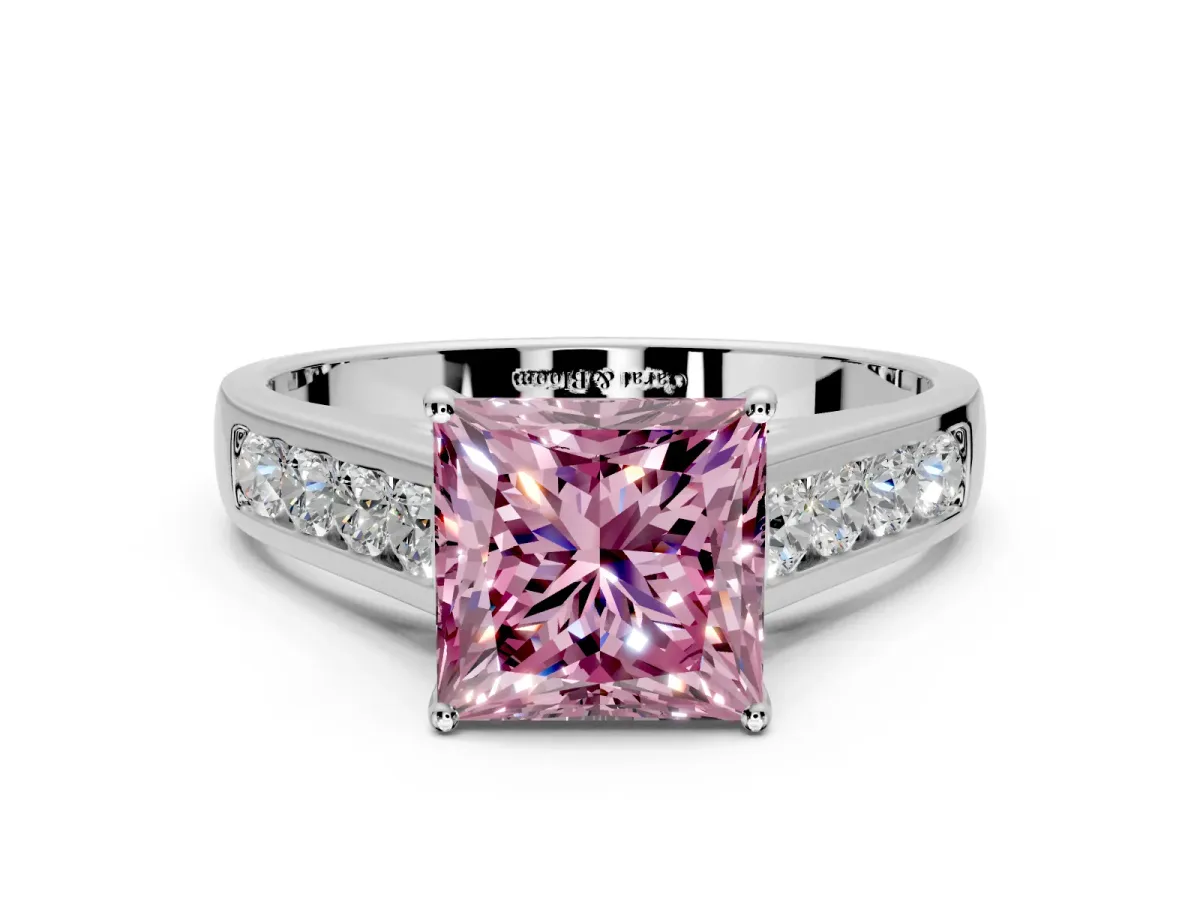 Solitaire Engagement Ring Setting for Fancy Pink Princess Cut Center with Cathedral Channel Band and Prong Head in White Gold