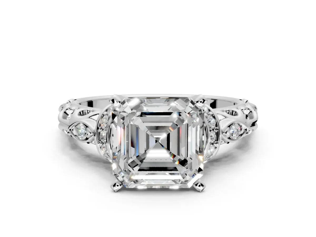 Solitaire Engagement Ring Setting for Asscher Cut Center with Filigree Band and Prong Head in Platinum