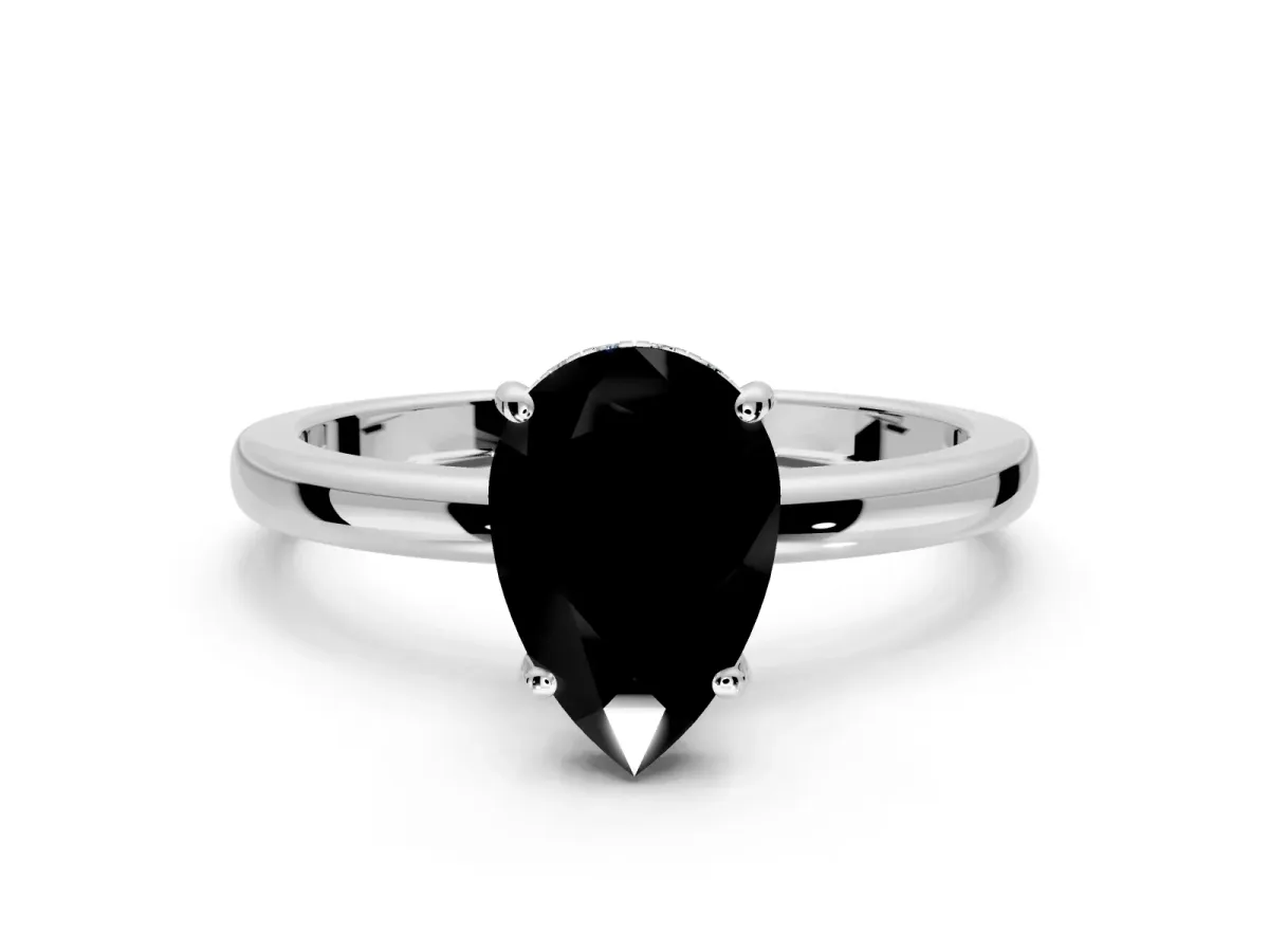 Solitaire Engagement Ring Setting for Fancy Black Pear-Shaped Center with Fine Wire Band and Prong Head in White Gold