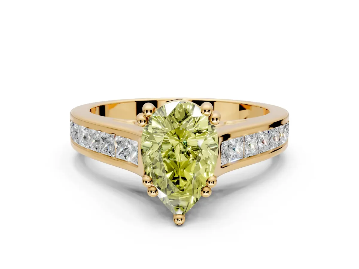 Solitaire Engagement Ring Setting for Fancy Yellow Pear-Shaped Center with Channel Band and Double Claw Prong Head in Yellow Gold