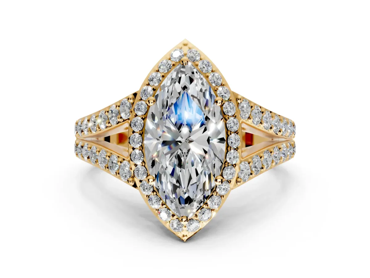 Halo Engagement Ring Setting for Marquise Center with Narrow Pave Split Shank and Prong Head in Yellow Gold