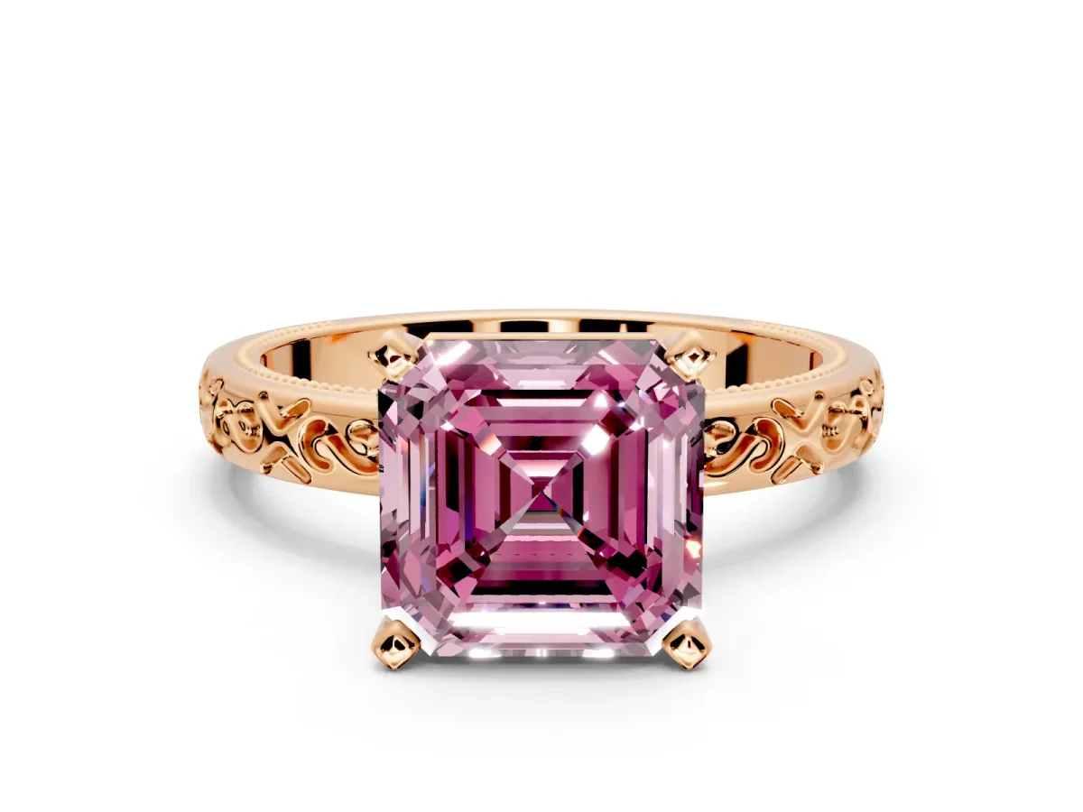 Solitaire Engagement Ring Setting for Fancy Pink Asscher Cut Center with Scrollwork Band and Prong Head in Rose Gold
