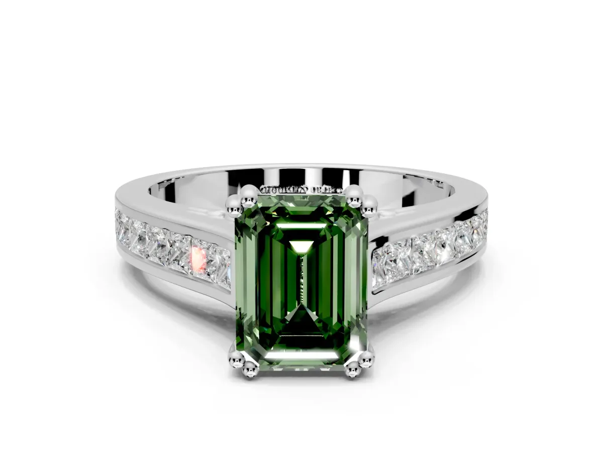 Solitaire Engagement Ring Setting for Fancy Green Emerald Cut Center with Channel Band and Double Claw Prong Head in Sterling Silver