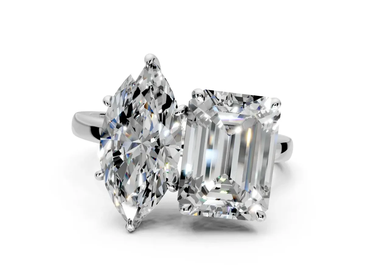 Marquise and Emerald Cut Lab-Grown Diamond Toi et Moi Engagement Ring with Prong-Set Stones in Sterling Silver