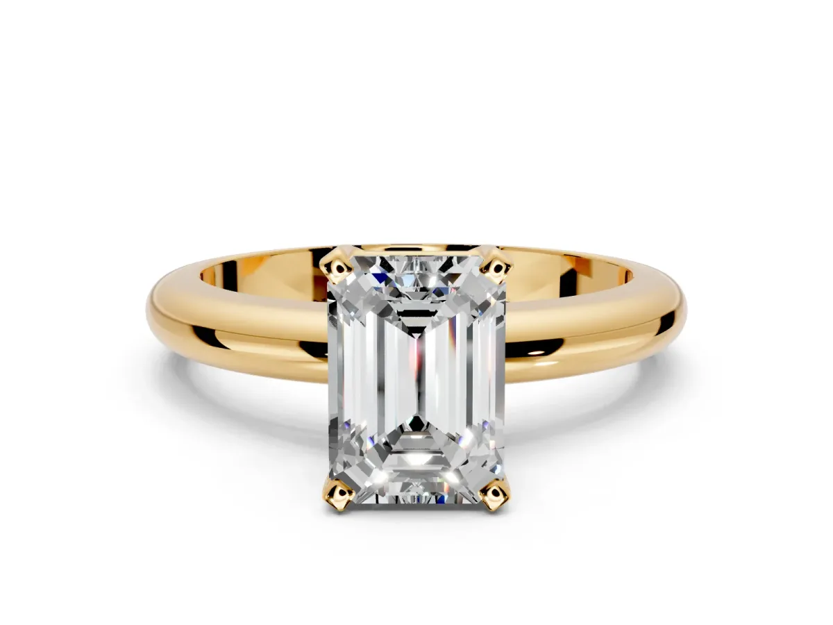 Solitaire Engagement Ring Setting for Emerald Cut Center with Wire Band and Prong Head in Yellow Gold