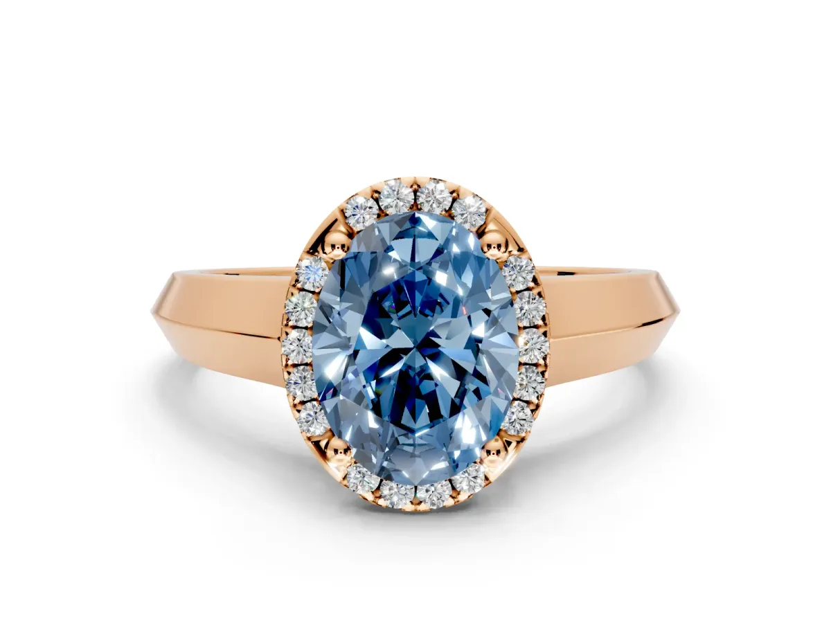 Halo Engagement Ring Setting for Fancy Blue Oval Center with Knife Ridge Cathedral Band and Prong Head in Rose Gold