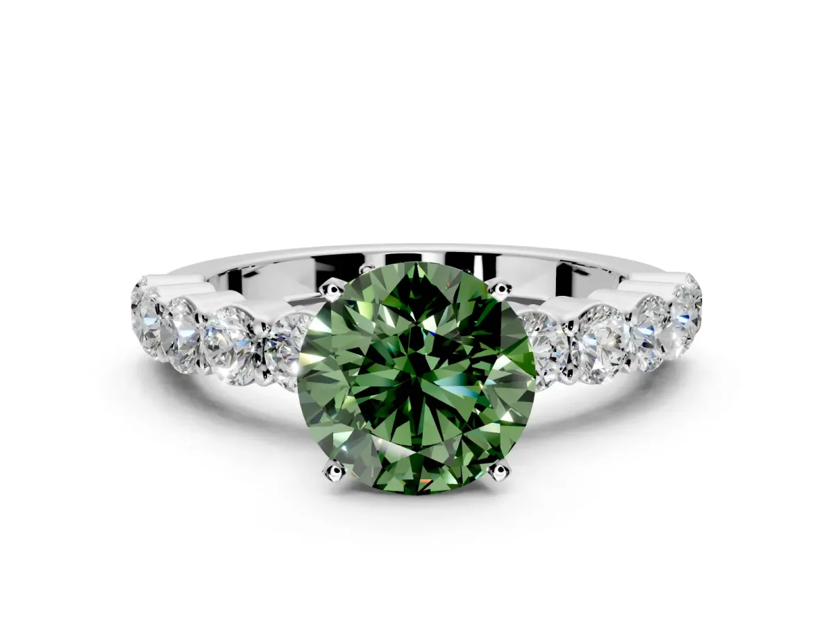 Shared-Prong Engagement Ring Setting for Fancy Green Round Cut Center with Graduated Accents and Prong Head in Sterling Silver