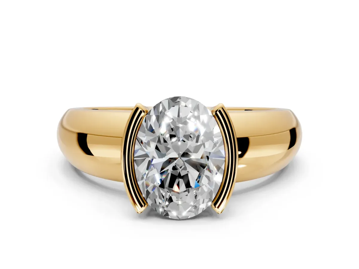 Tension Engagement Ring Setting for Oval Center with Wide Flat Band and Tension Head in Yellow Gold