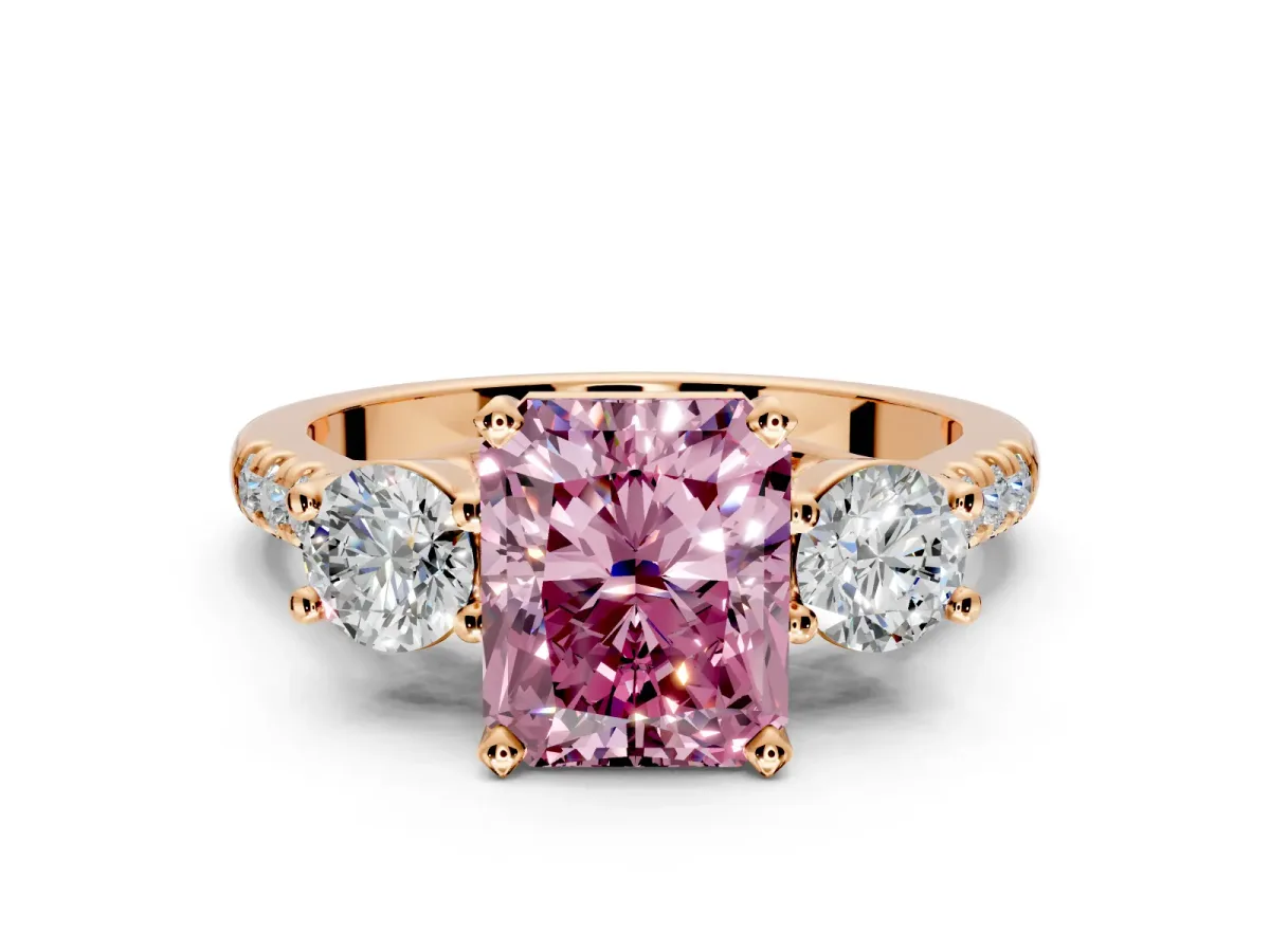 3 Stone Engagement Ring Setting for Fancy Pink Radiant Cut Center with Crossover Basket, Pave Band and Prong Head in Rose Gold