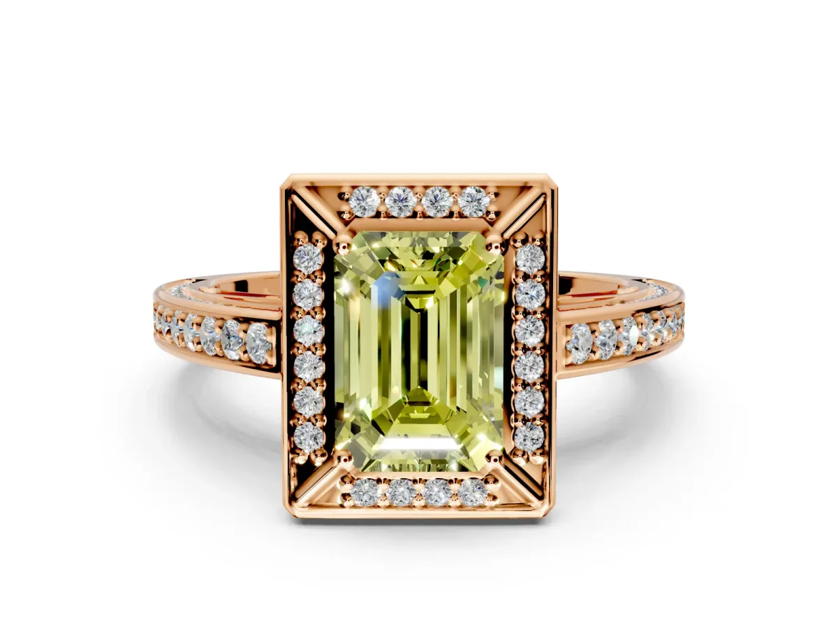 Halo Engagement Ring Setting for Fancy Yellow Emerald Cut Center with Framed Halo, Pave Band and Prong Head in Rose Gold