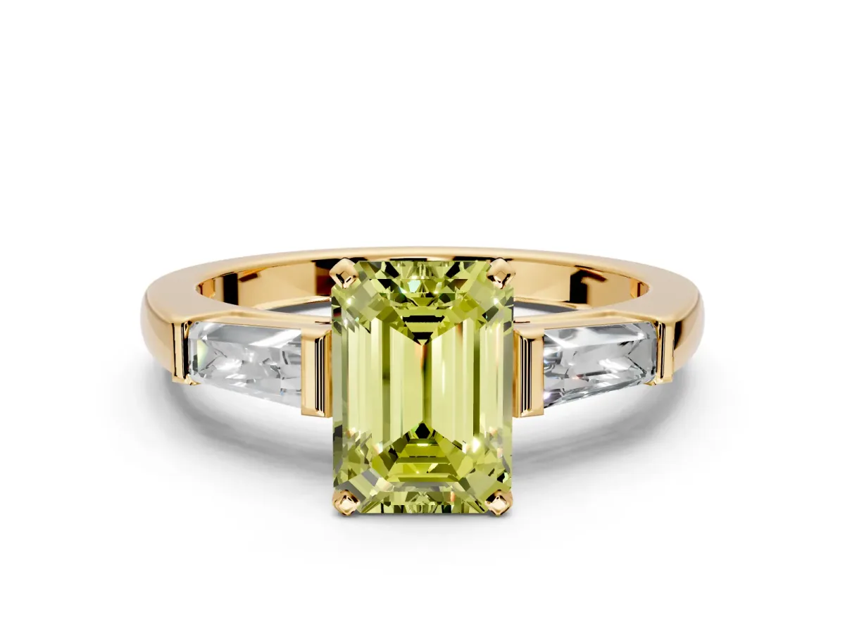 3 Stone Engagement Ring Setting for Fancy Yellow Emerald Cut Center with Tapered Baguettes, Plain Band and Prong Head in Yellow Gold