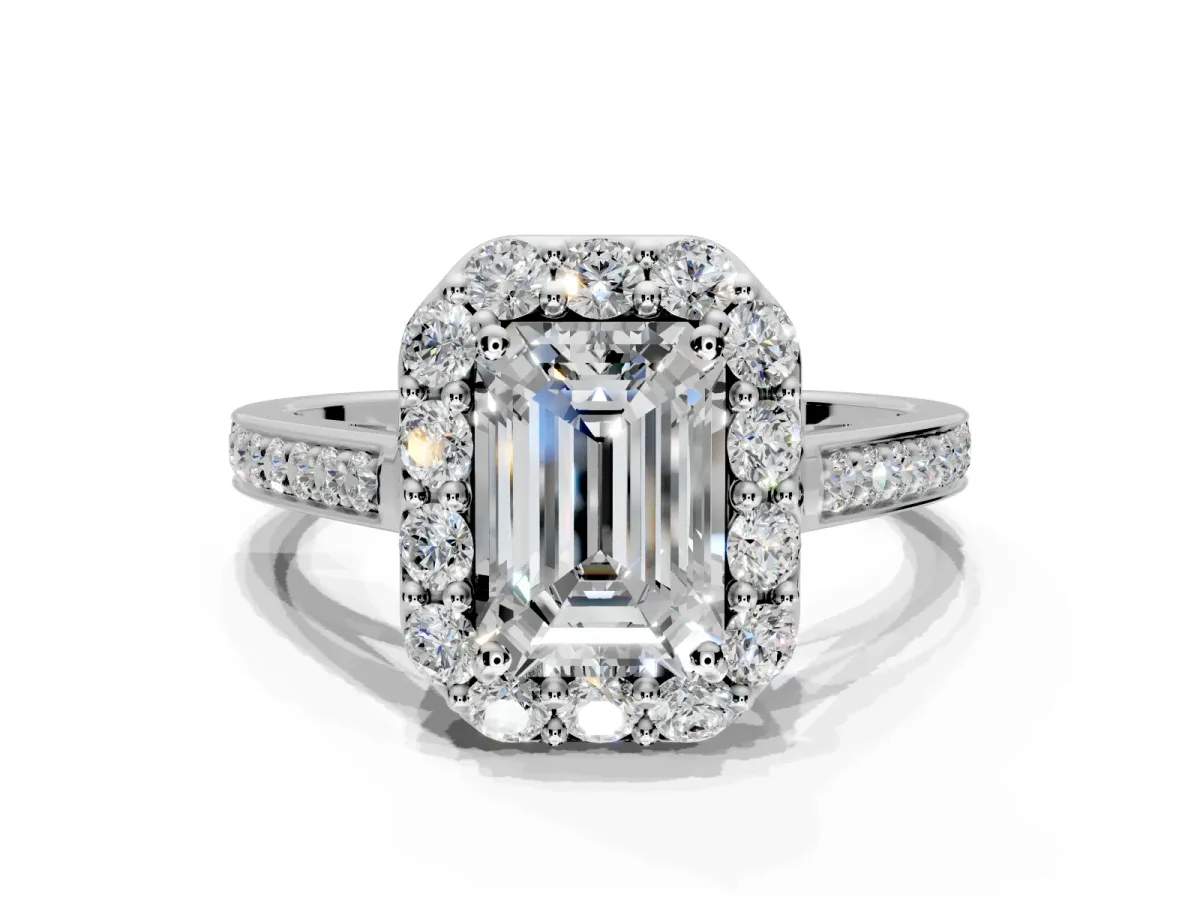 Floral Halo Engagement Ring Setting for Emerald Cut Center with Large Halo Accents and Prong Head in White Gold