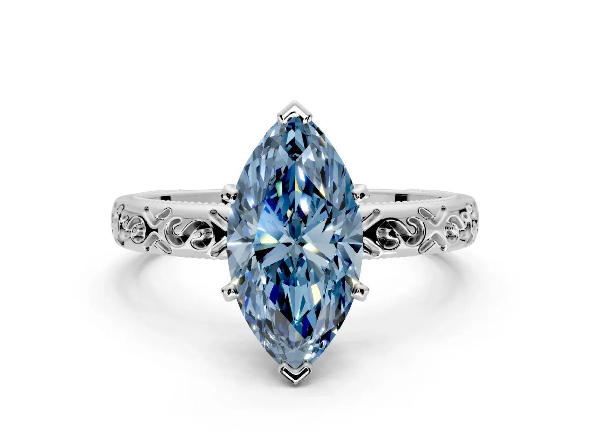 Solitaire Engagement Ring Setting for Fancy Blue Marquise Center with Scrollwork Band and Prong Head in White Gold